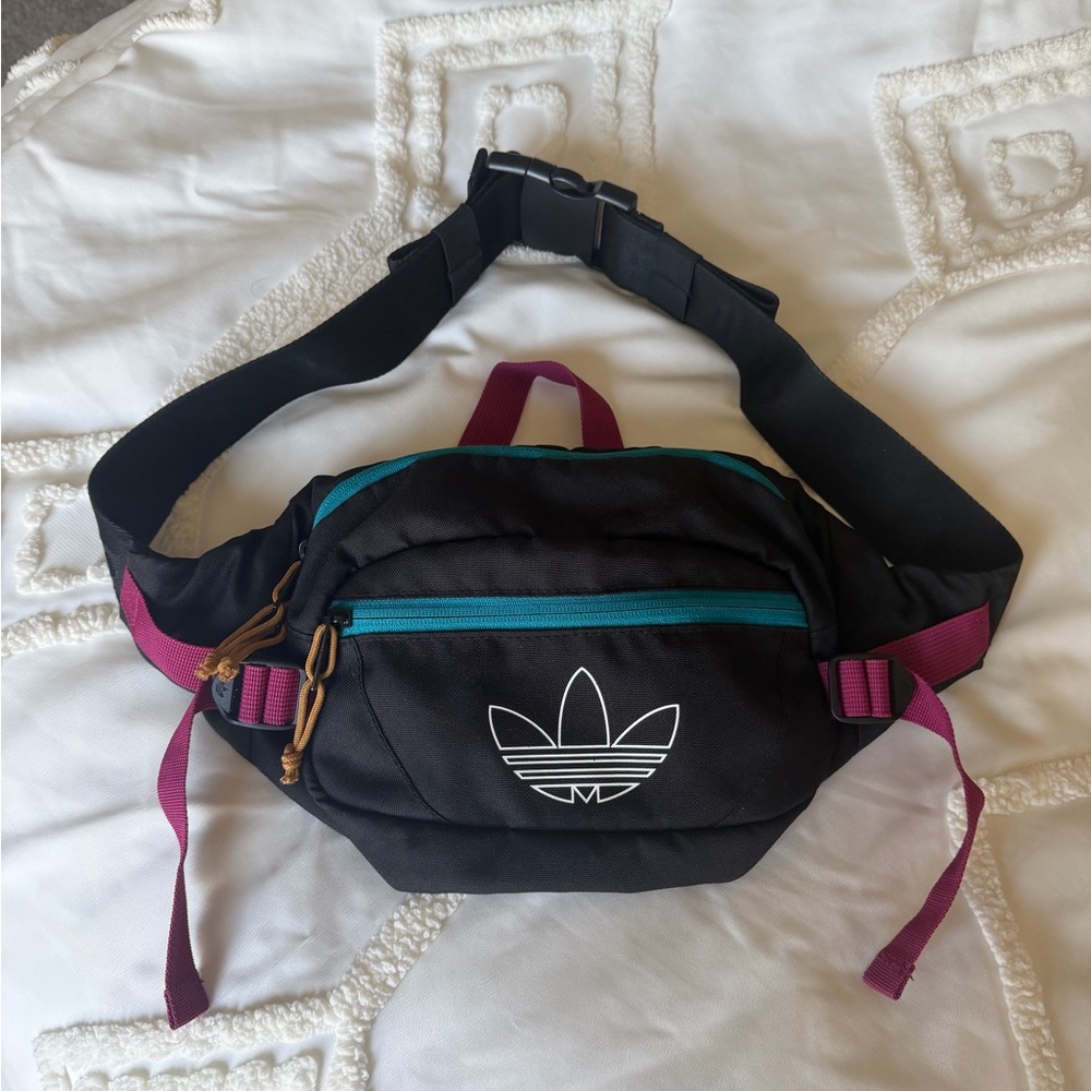 adidas Black Crossbody Waist Pack with Teal Zipper and Magenta Straps